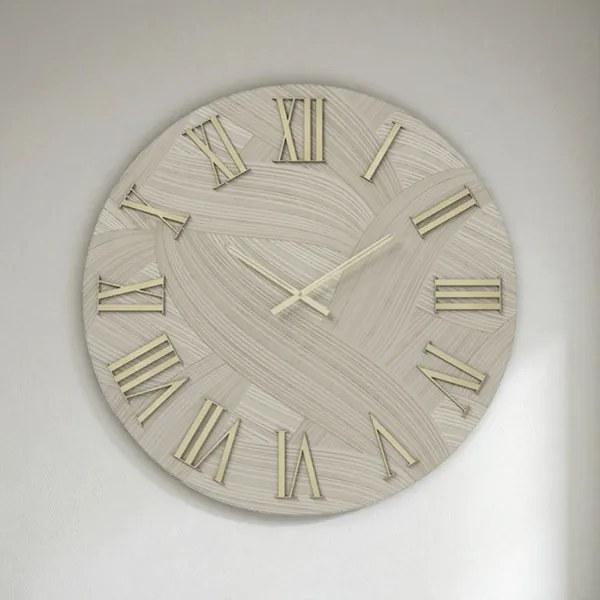 Orologio rotondo D60 cm in legno rivestito con parato e dettagli Oro ADAK