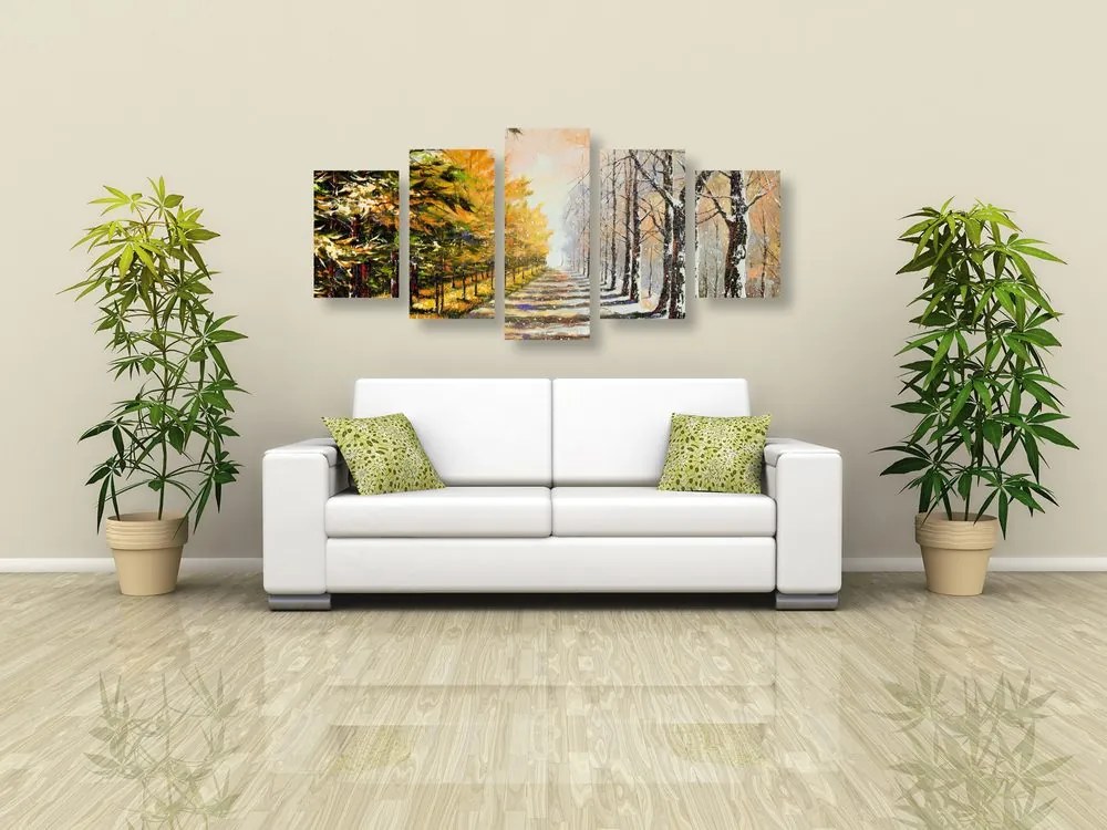 Quadri 5 pezzi – Viale autunnale di alberi