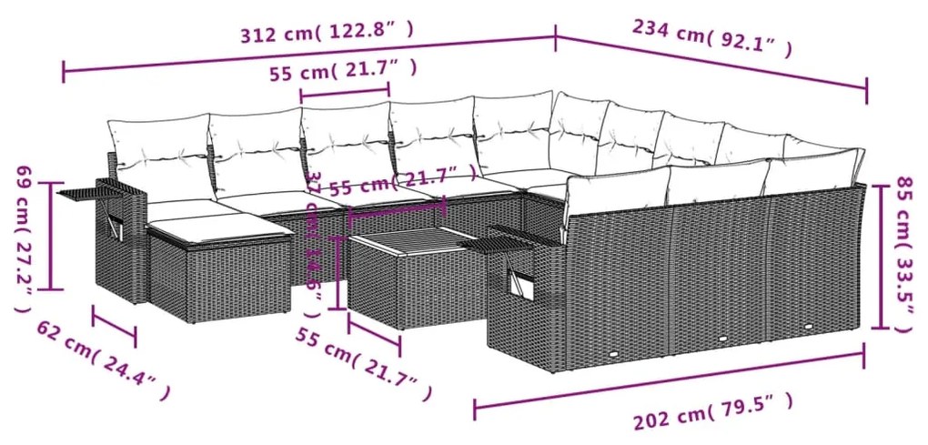 Set divani da giardino 13pz con cuscini nero in polyrattan