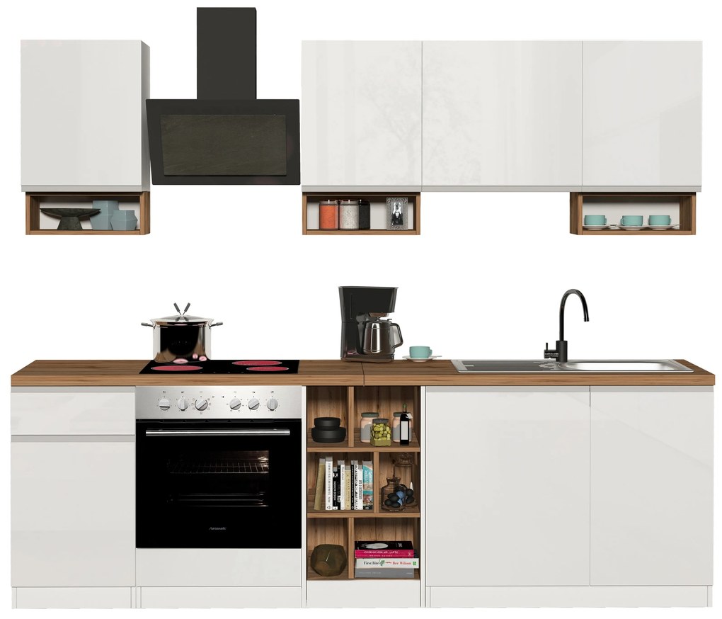 Cucina Lineare SOLE 256 cm - Bianco Lucido e Rovere, Design Moderno Made in Italy