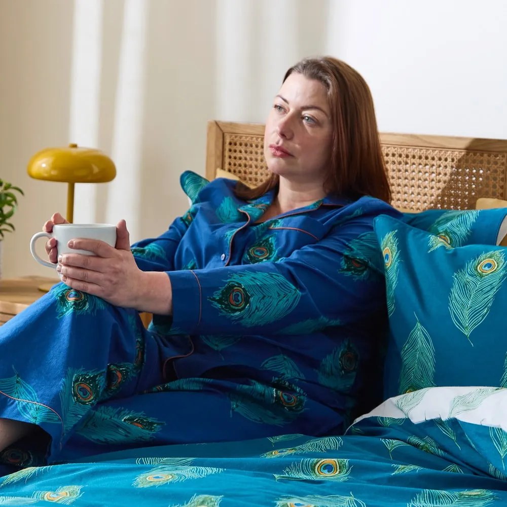 Set copripiumino e federa bianco e color foglia di tè in cotone per letto singolo 135x200 cm Peacock Feather – Their Nibs