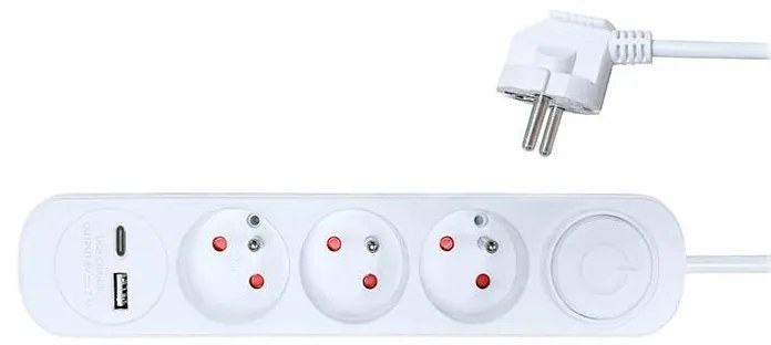 Solight PP111USBC - Prolunga 3 prese + 2 USB, 2m, bianco con interruttore