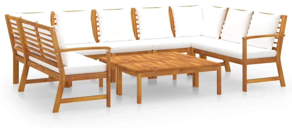 Set divani da giardino 9 pz con cuscini crema in legno acacia