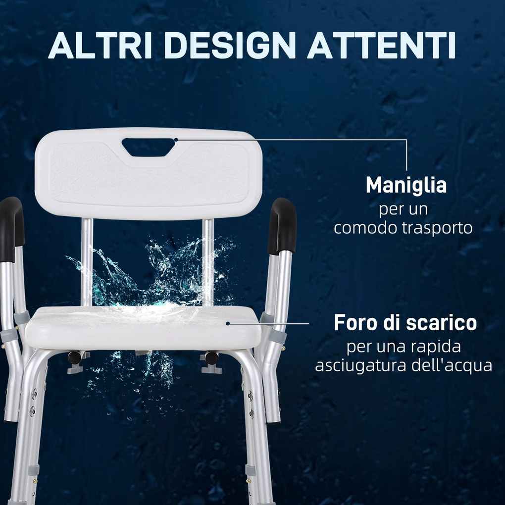 Sedia per Doccia 51,5x51,5x71-84 cm Altezza Regolabile e Piedini Antiscivolo in Alluminio Bianco...