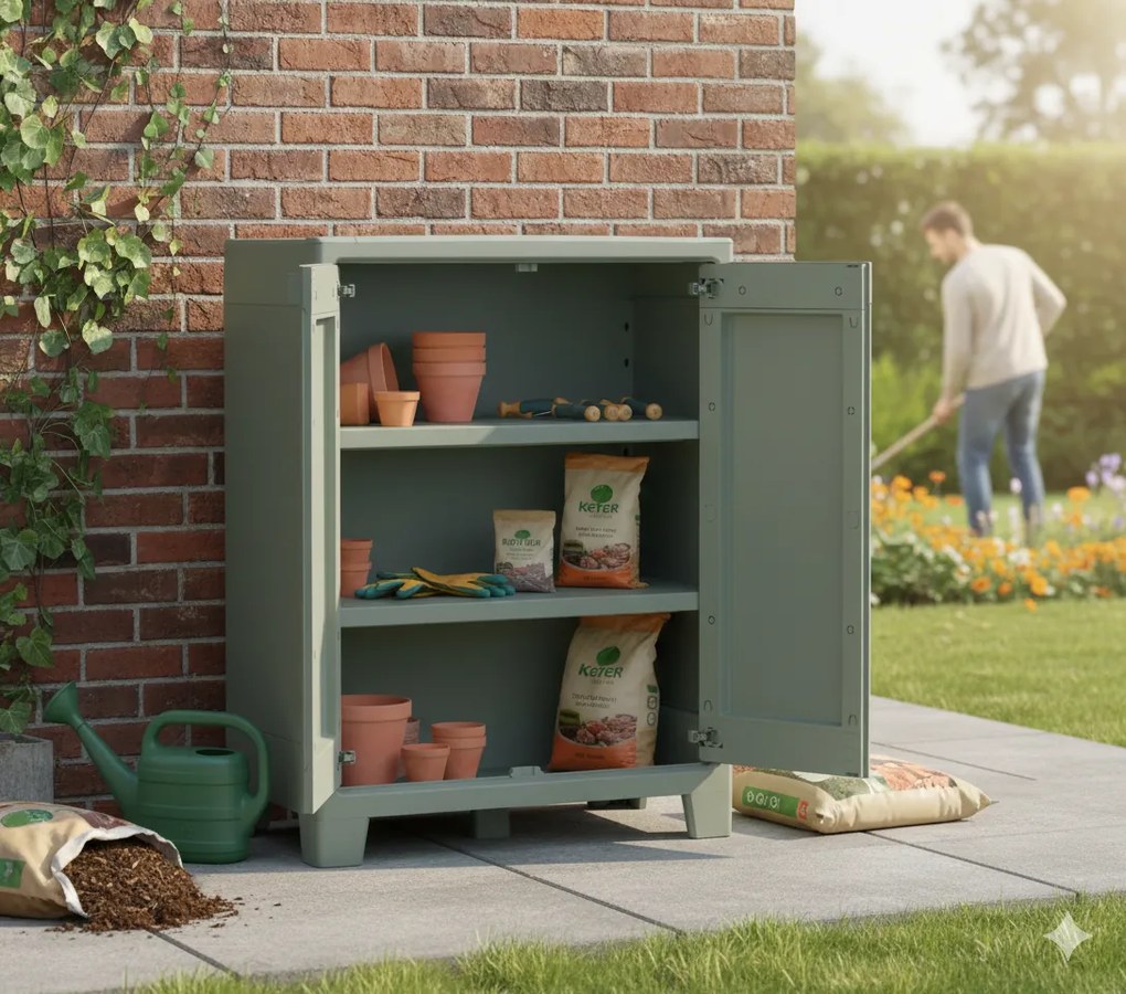 Armadio da Giardino 2 Ripiani 80x44x100 cm Keter Planet Outdoor Basso Grigio e Verde...