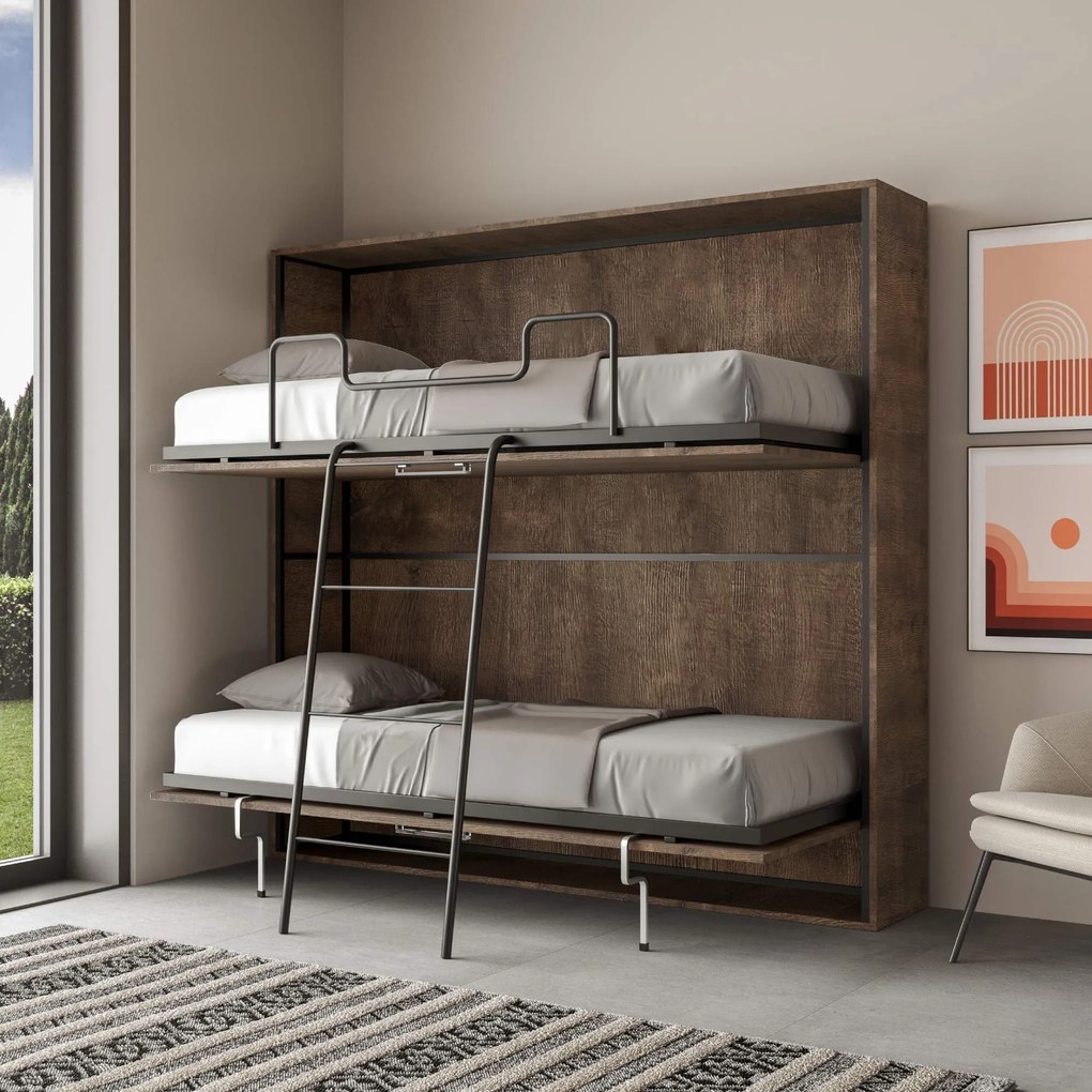 Letto a scomparsa doppio orizzontale Kando con materassi, Noce / Non incluso