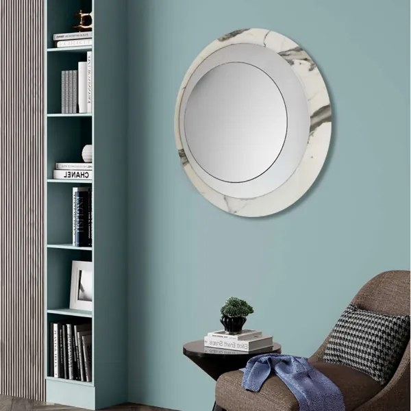 Specchio rotondo 80x80 cm in marmo laminato Bianco foglia argento - DAVID