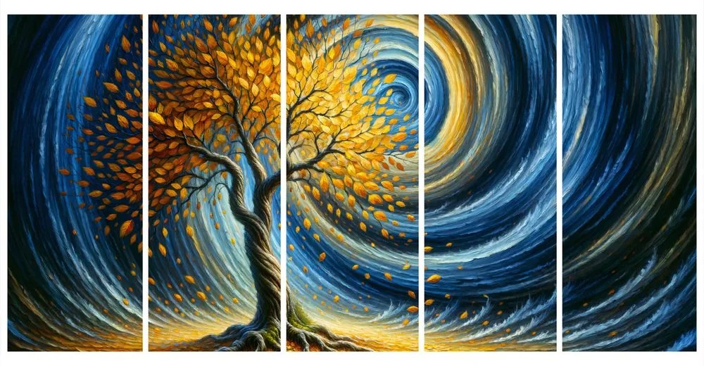 Quadri 5 pezzi – Albero della vita dorato nel vortice della notte