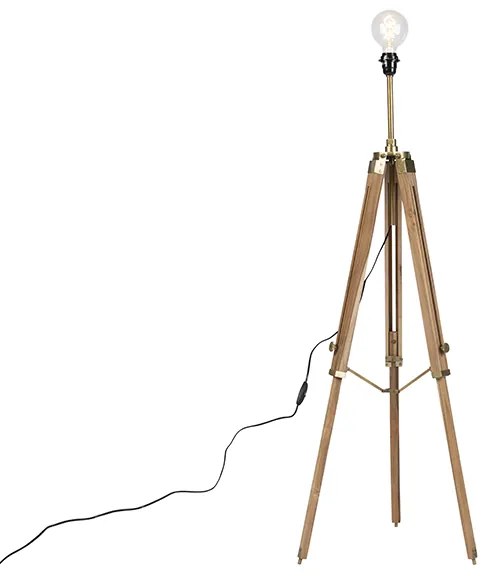 Lampada da terra rustica a treppiede in legno con ottone anticato - Cortin