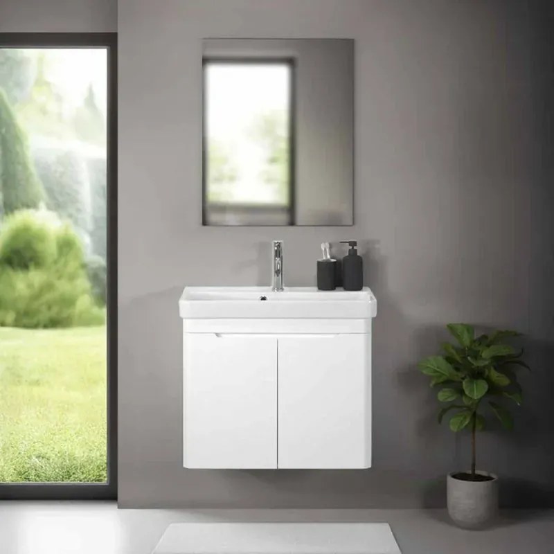 Mobile bagno sospeso 70 cm bianco lucido salvaspazio con specchio Clip