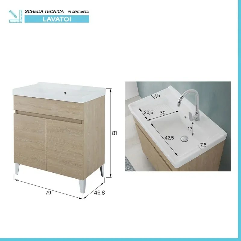 Mobile lavatoio 79x46,8 cm rovere dolomite con vasca in ceramica bianca