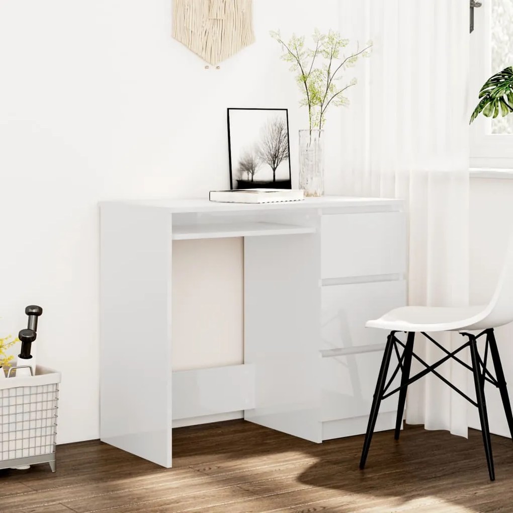 Scrivania Bianco Lucido 90x45x76 Cm İn Legno Multistrato /