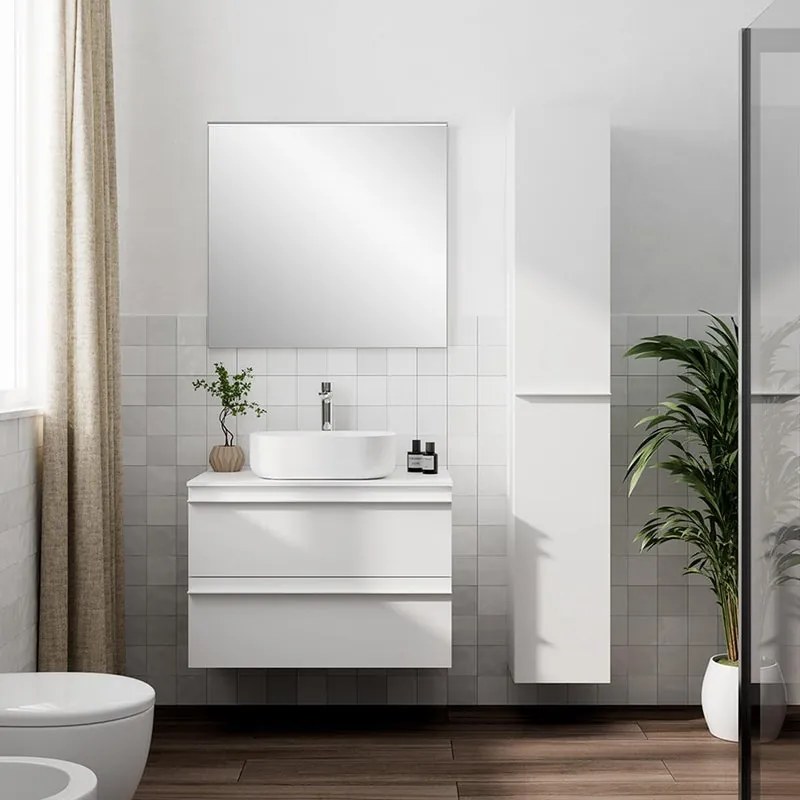 Mobile Linea L80 H55 P45 laccato bianco opaco 2 cassetti a chiusura ammortizzata e top per lavabo in appoggio