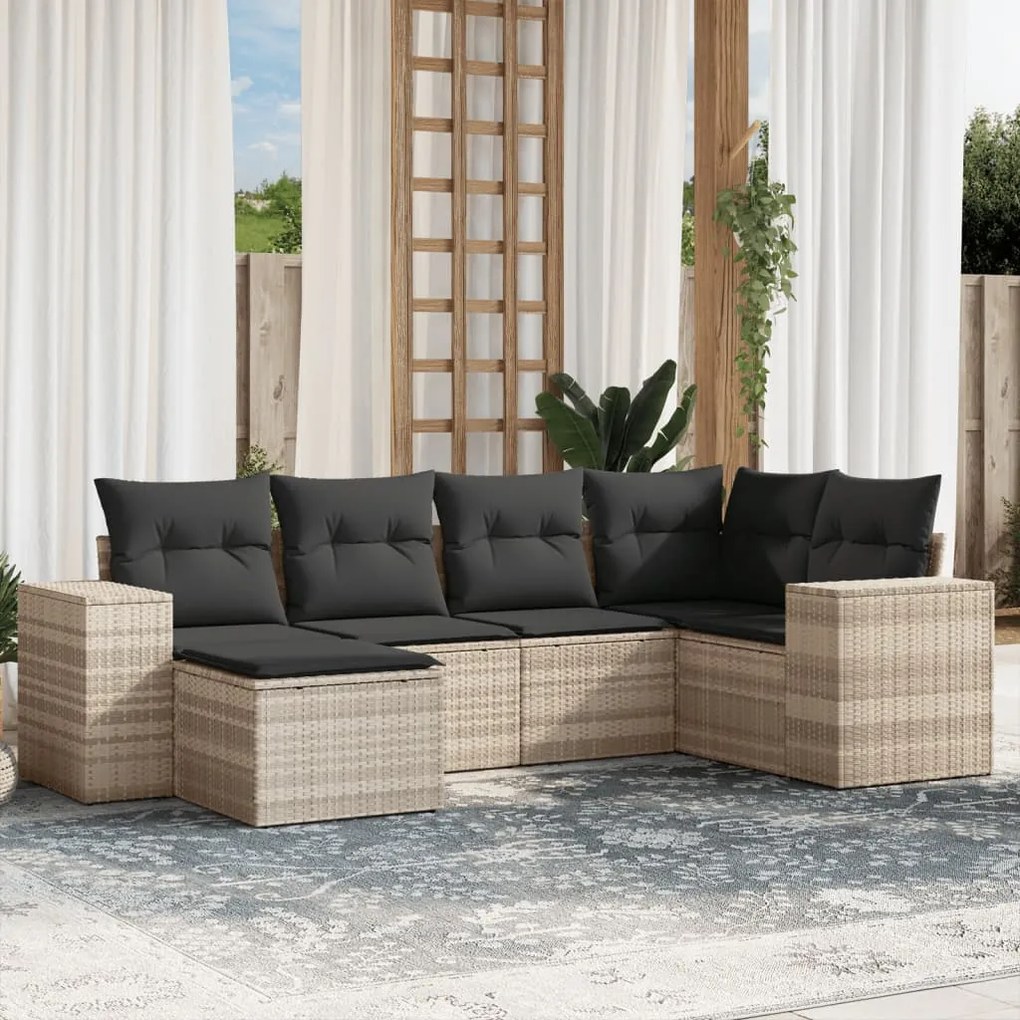 Set divano da giardino 6pz con cuscini grigio chiaro polyrattan