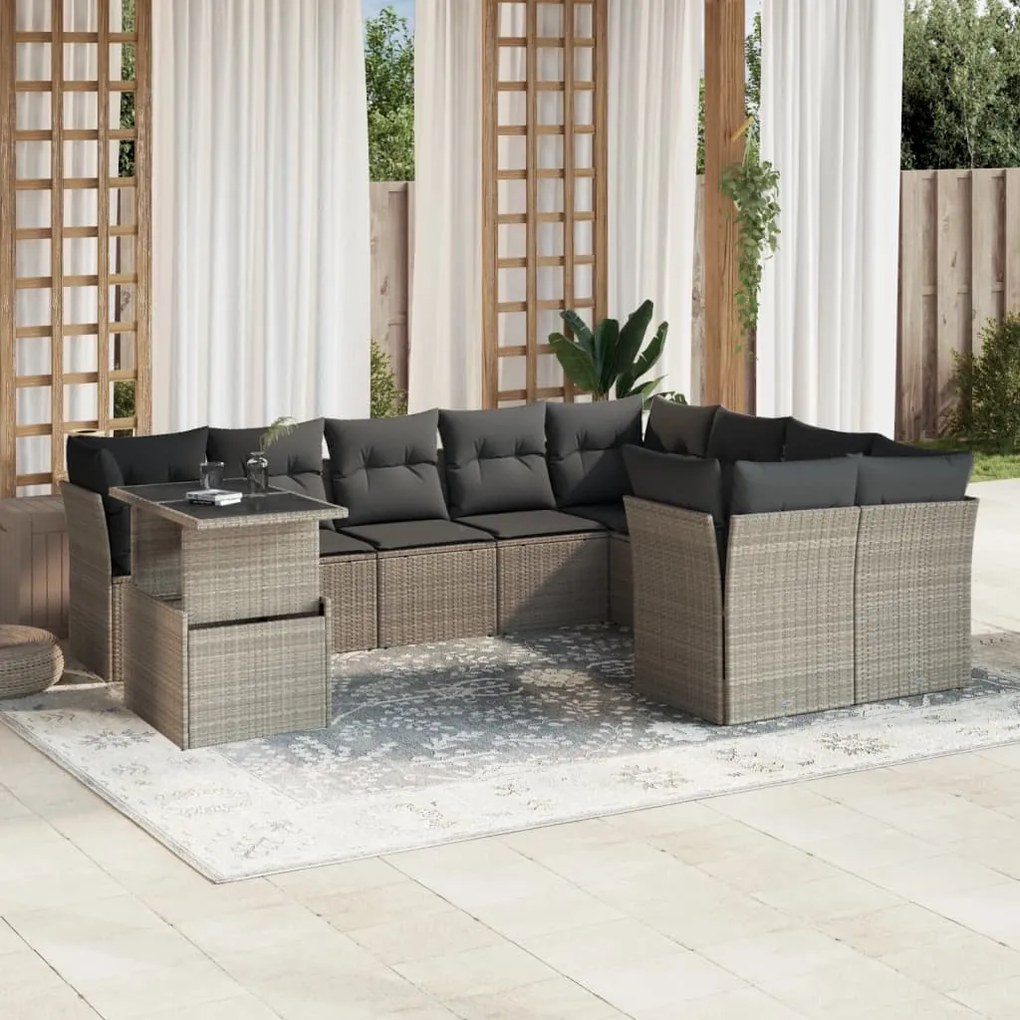 Set divano giardino 10 pz con cuscini grigio chiaro polyrattan