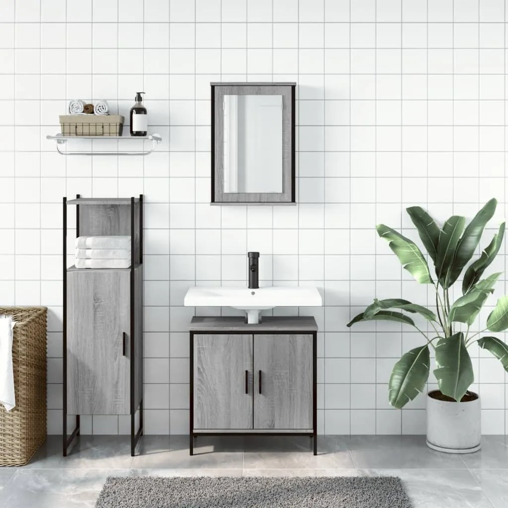 Set mobili da bagno 3 pz grigio sonoma in legno multistrato