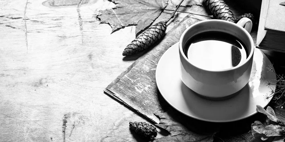 Stampa su tela – Tazza di caffè in autunno in bianco e nero