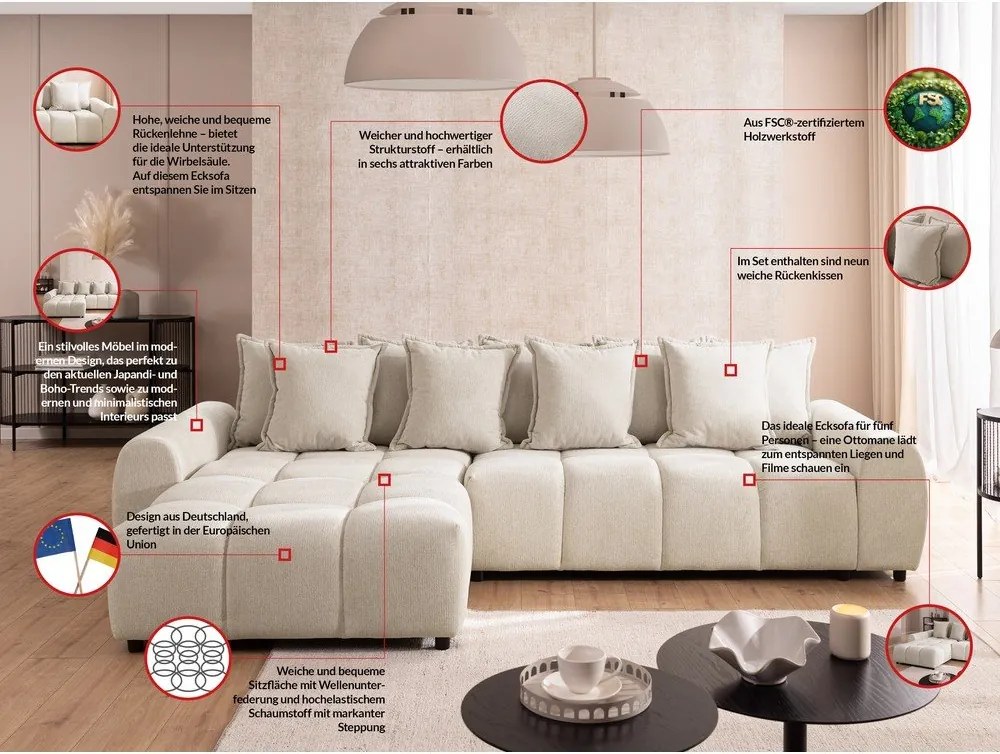 Divano angolare beige (con penisola a sinistra/con chaise lounge) Albane – Ropez