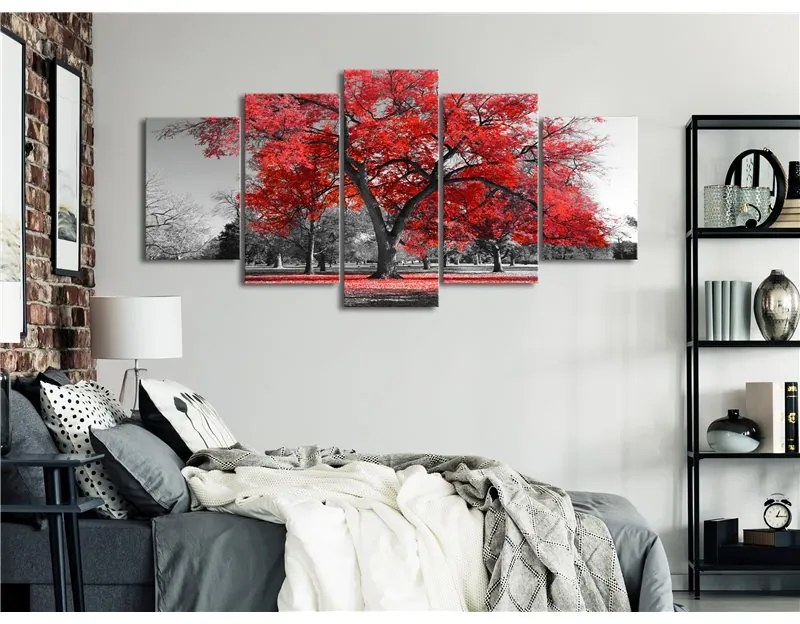 Quadro Autumn in the Park (5 Parts) Wide Red  Colore Rosso, Dimensioni e Misure 100x50