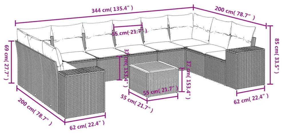 Set divani da giardino 11 pz con cuscini in polyrattan grigio