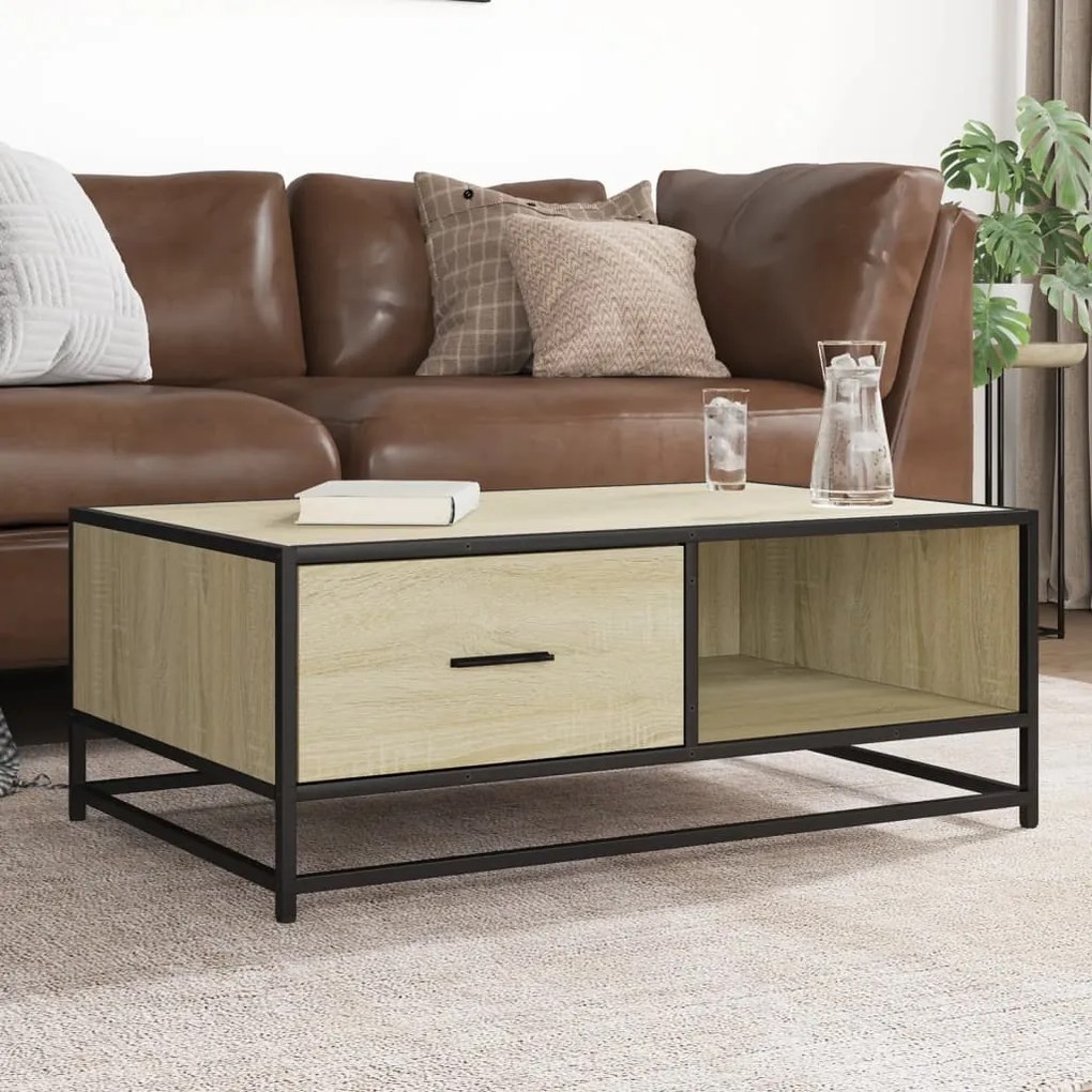 Tavolino Rovere Sonoma 90x57x35 Cm Legno Multistrato E Metallo /