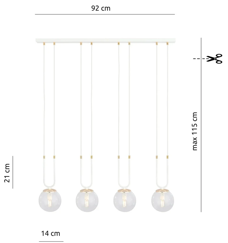 Sospensione 4 Luci Glam In Acciaio Bianco Oro E Sfera In Vetro Trasparente