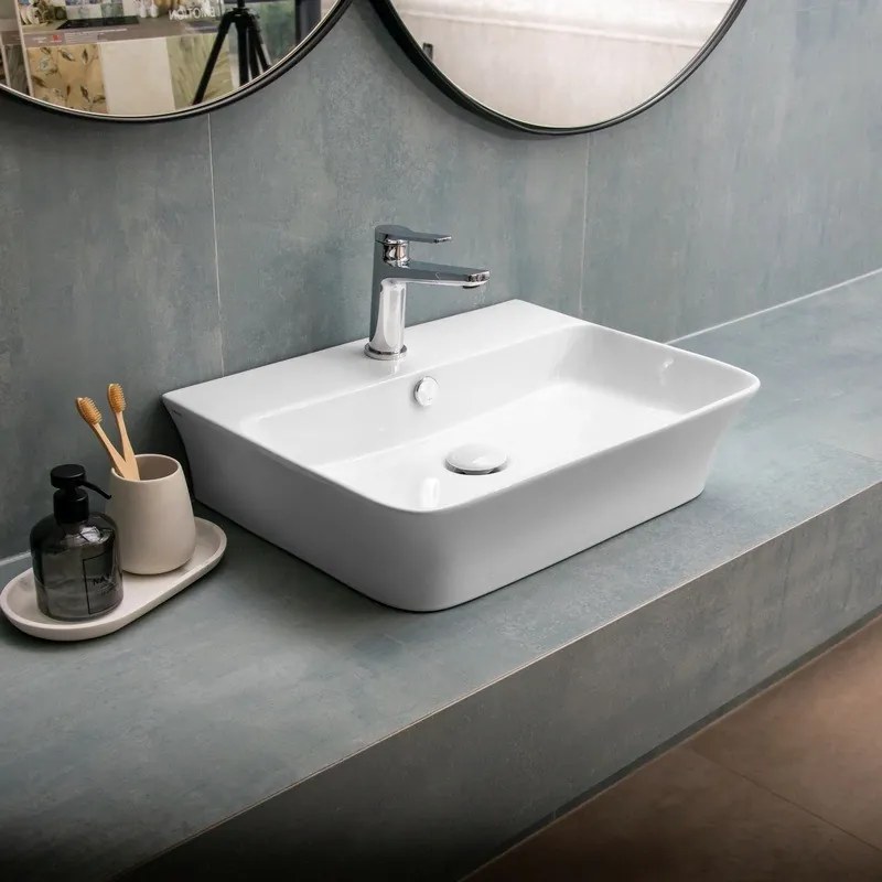Lavabo bagno da appoggio design rettangolare 56 cm ceramica bianca | KL-5800 - KAMALU