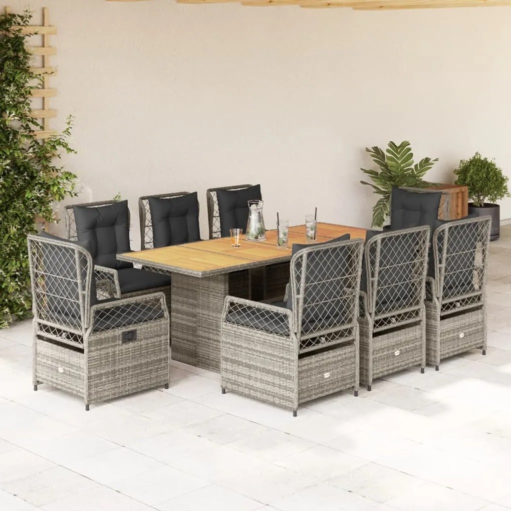 Set da pranzo da giardino 9 pz con cuscini in polyrattan grigio