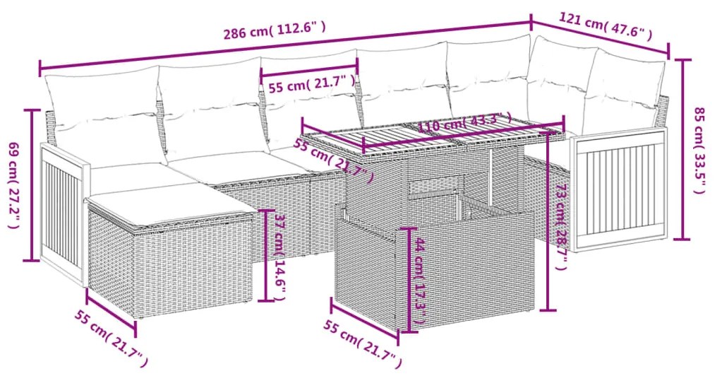 Set divano da giardino 8 pz con cuscini beige in polyrattan