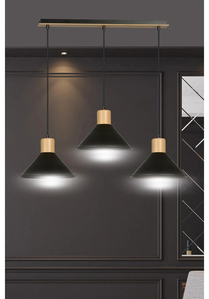 Sospensione Nordica 3 Luci Chandra In Acciaio Nero E Legno