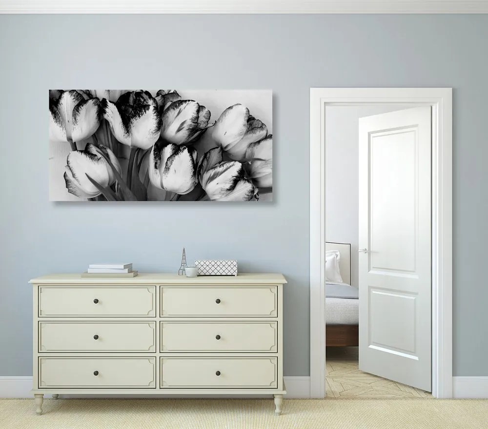 Stampa su tela – Tulipani con tocco primaverile in bianco e nero