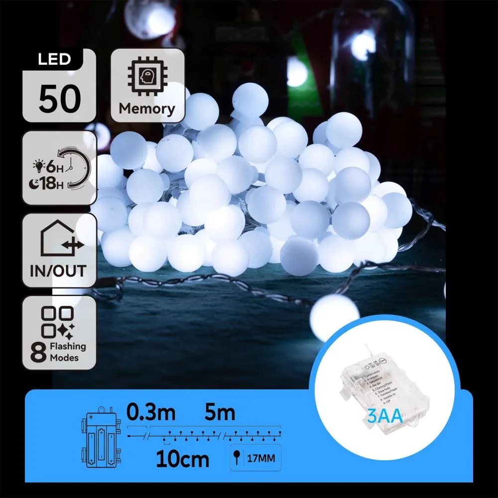 Aigostar - Catena luminosa LED da esterno 50xLED/3xAA/8 funzioni 5,3 m IP44 bianco freddo
