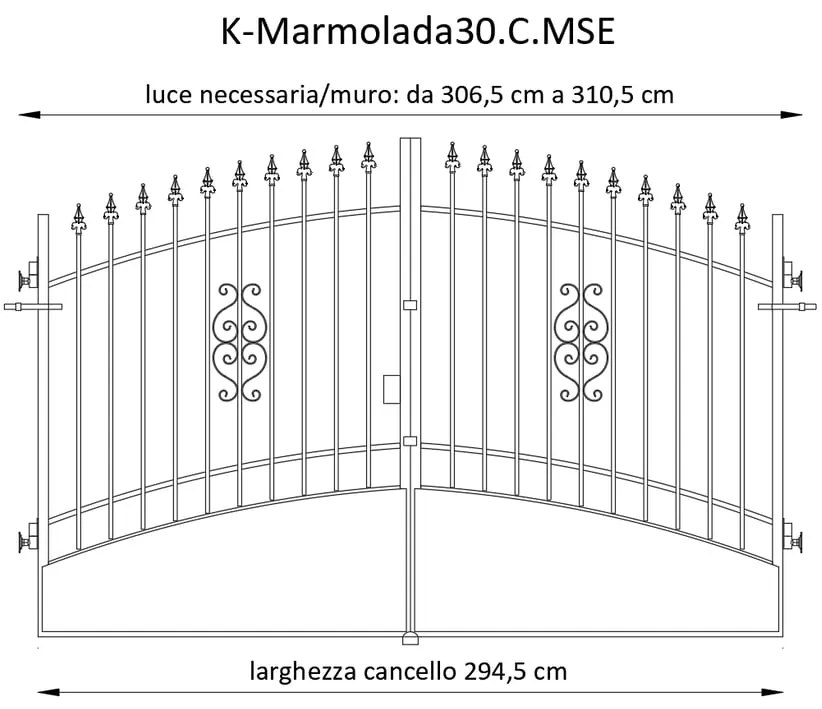 Cancello manuale con serratura elettrica Marmolada in ferro, apertura centrale, L 308.5, H 165-195 cm, di colore ruggine