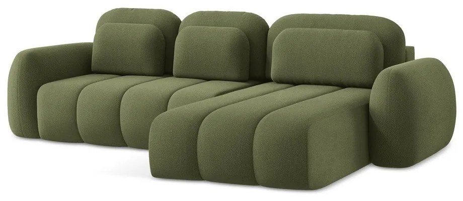 Divano angolare verde allungabile/con contenitore (con penisola a destra/con chaise lounge) con rivestimento in bouclé Pele – Makamii