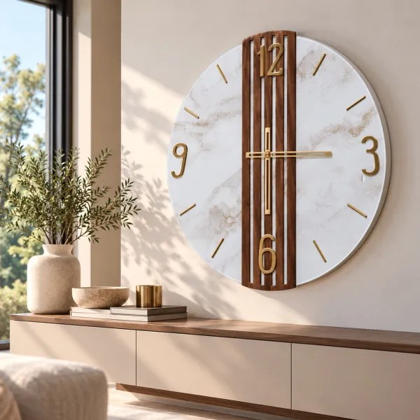 Orologio Parete 65 cm Cannettato Noce Vetro Marmo