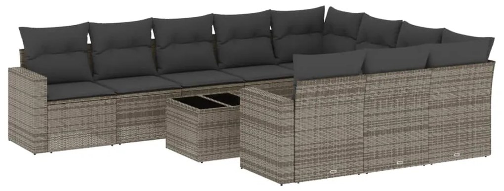 Set divani da giardino 11 pz con cuscini in polyrattan grigio