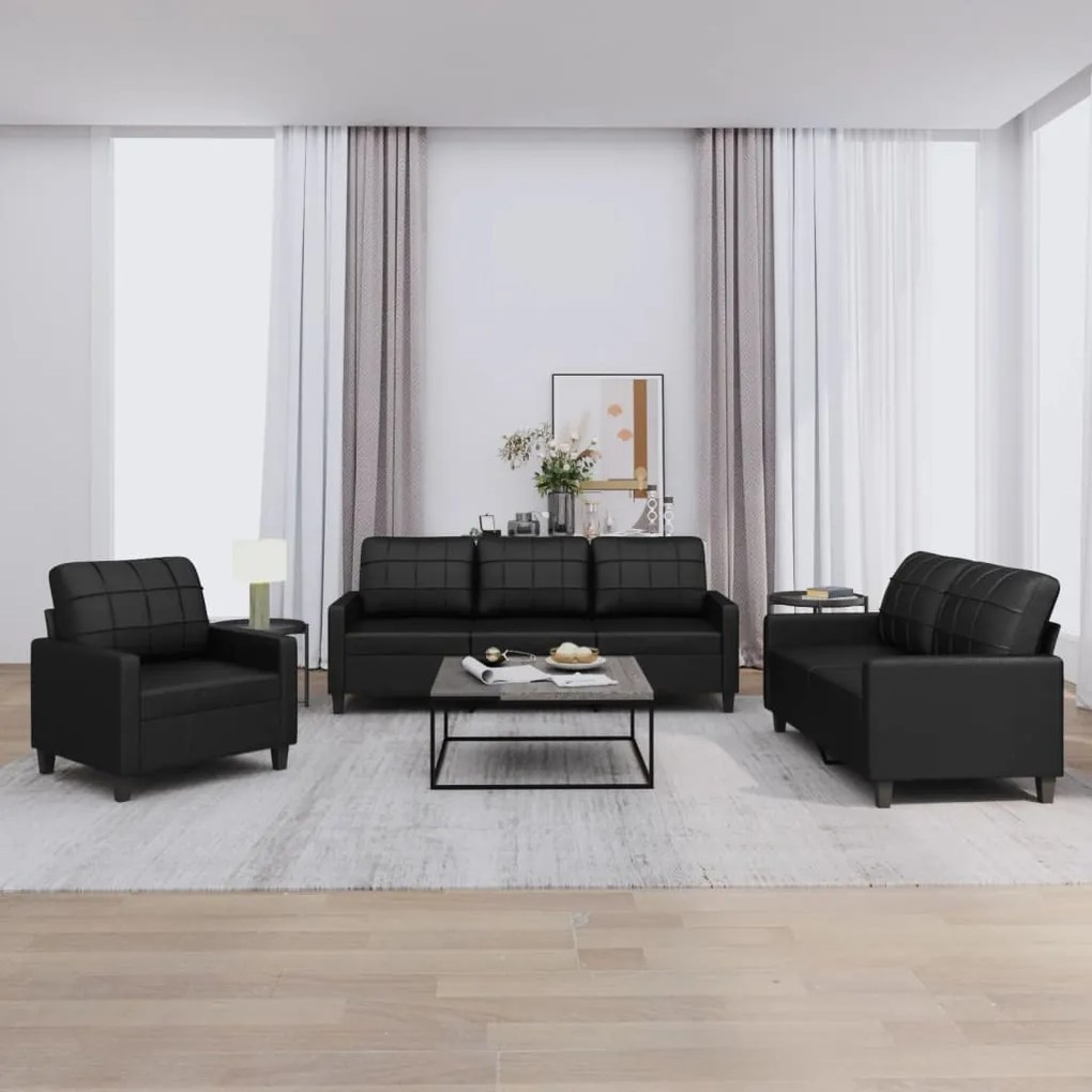 Set Di Divani 3 Pz Con Cuscini Nero İn Similpelle /