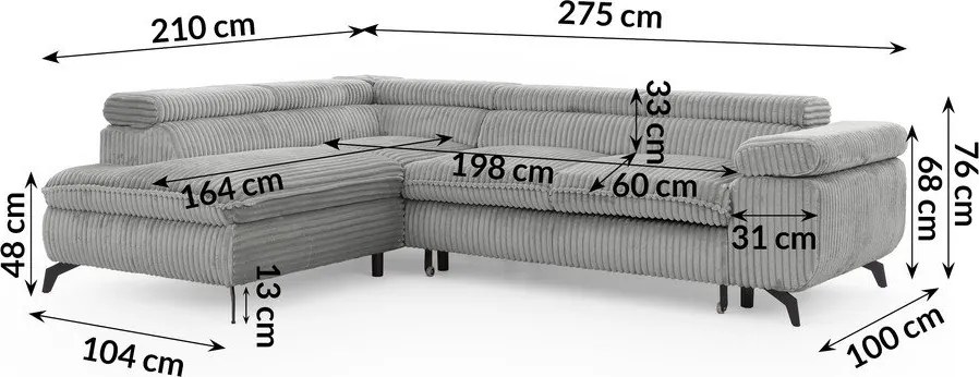 Divano angolare grigio chiaro (con penisola a sinistra/a L) con rivestimento in velluto a coste Marbeya – Ropez