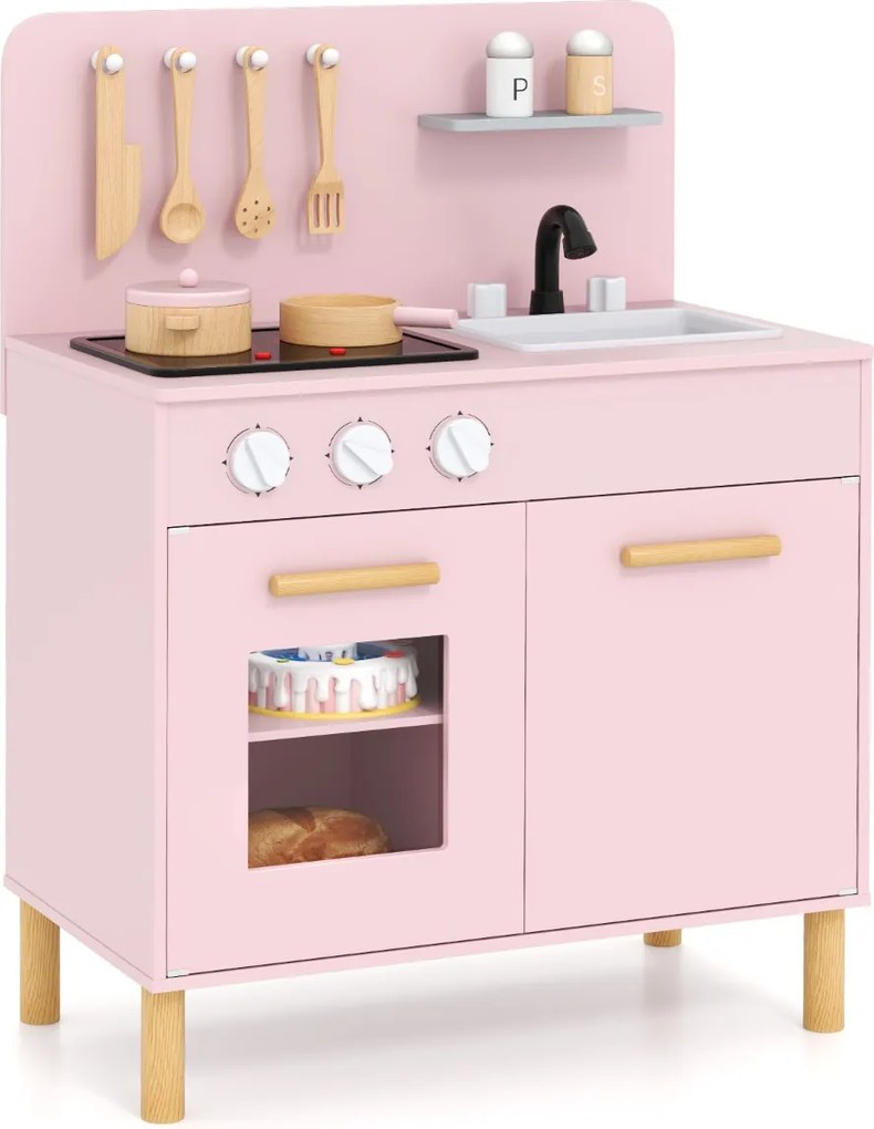 Costway Set da cucina per bambini in legno con luci e accessori da cucina, Gioco educativo con spazio di archiviazione 3 Colori
