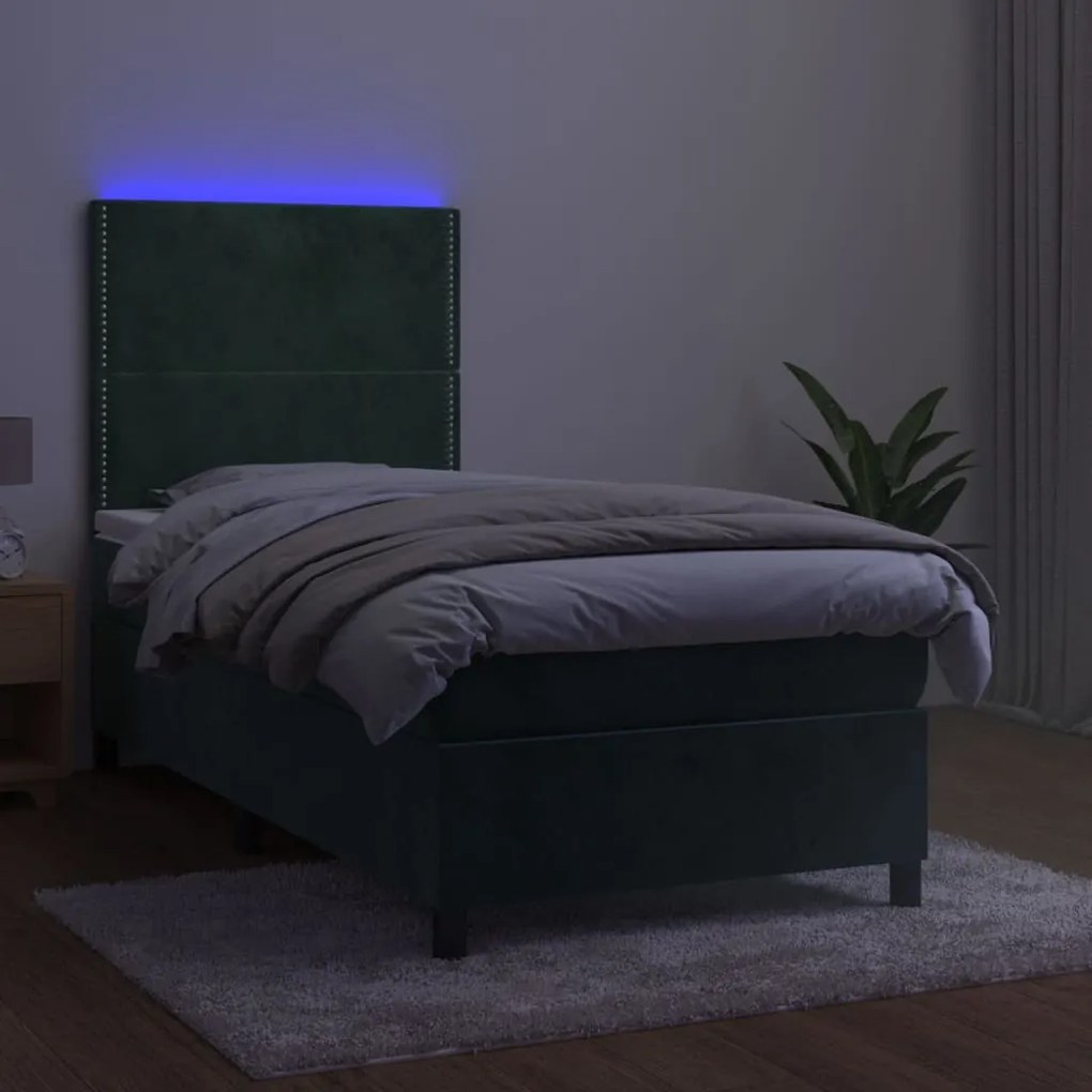 Letto a molle con materasso e led verde scuro 100x200cm velluto