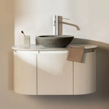 Set Mobili Bagno In Legno Carsone Bianco & Senza Unità Ausiliaria & Cemento Grigio Rotondo Ø40 Cm Tarsis & Senza Specchio & Bianco - Sklum