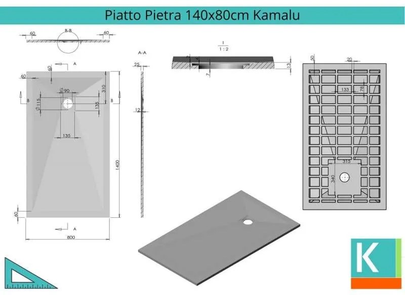 Kamalu - piatto doccia 80x140 cm effetto pietra colore bianco