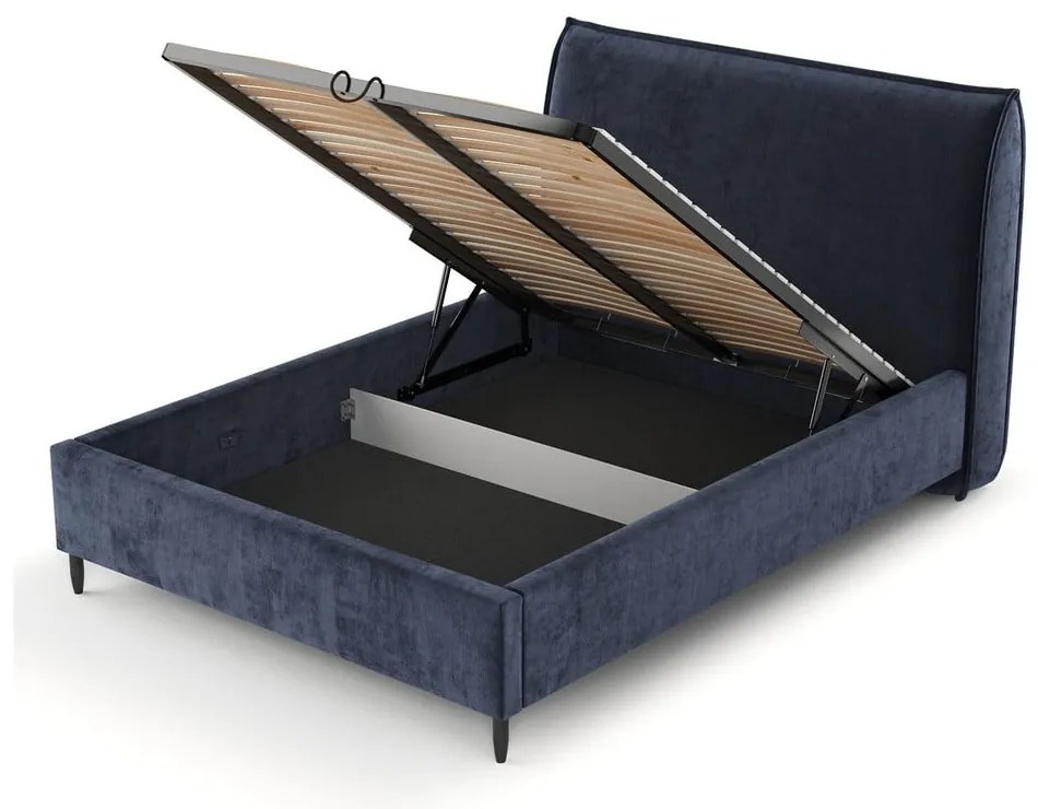 Letto matrimoniale imbottito blu scuro con spazio contenitivo e rete 140x200 cm Shell - Maison de Rêve