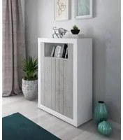 Credenza Benicasim, Madia alta moderna a 2 ante , Buffet da cucina con ripiani, Mobile da soggiorno Porta TV, cm 105x42h143, Bianco e Cemento