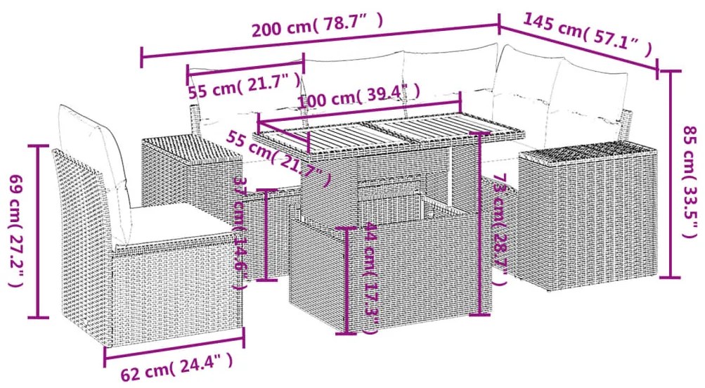 Set divano da giardino 6 pz con cuscini beige in polyrattan