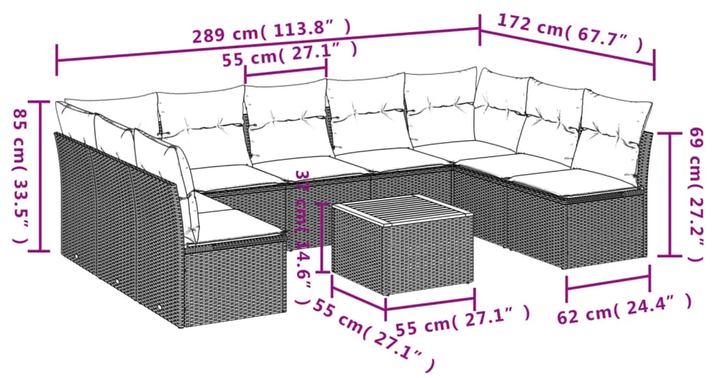 Set divani da giardino 10pz con cuscini in polyrattan nero