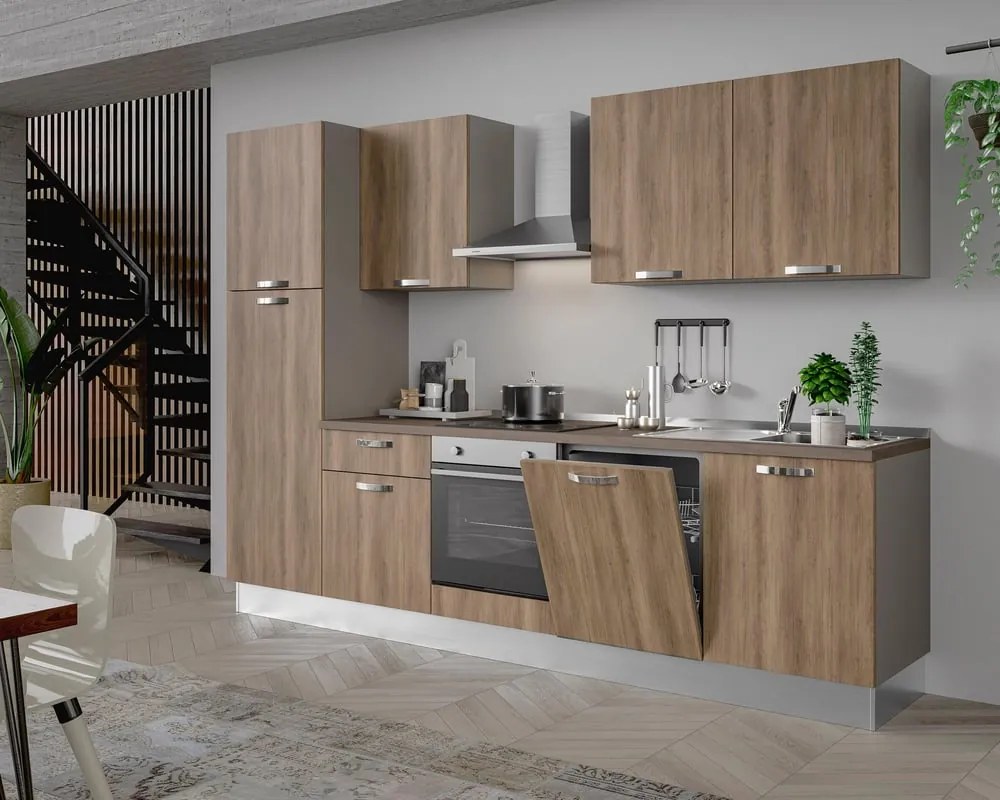 Cucina montata Dora SX L.300cm INDUZIONE+LAVASTOV+FRIGO rovere chiaro L 300 cm