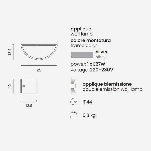 Applique per esterni LINUS 25x13 cm doppia emissione in alluminio Silver