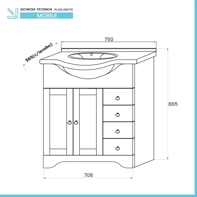 Mobile bagno a terra 75 bianco decape con lavabo e specchio Romantica