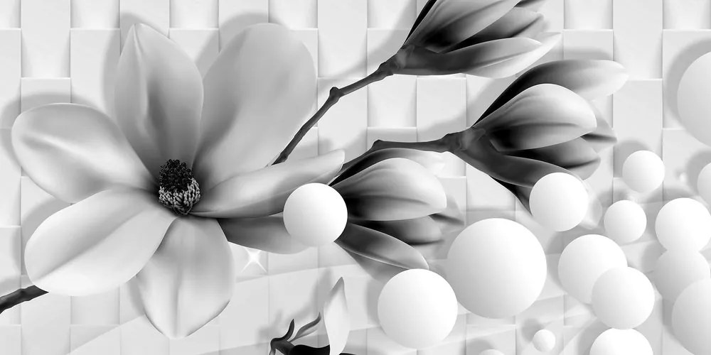Quadro su tela – Magnolia in bianco e nero con elementi astratti